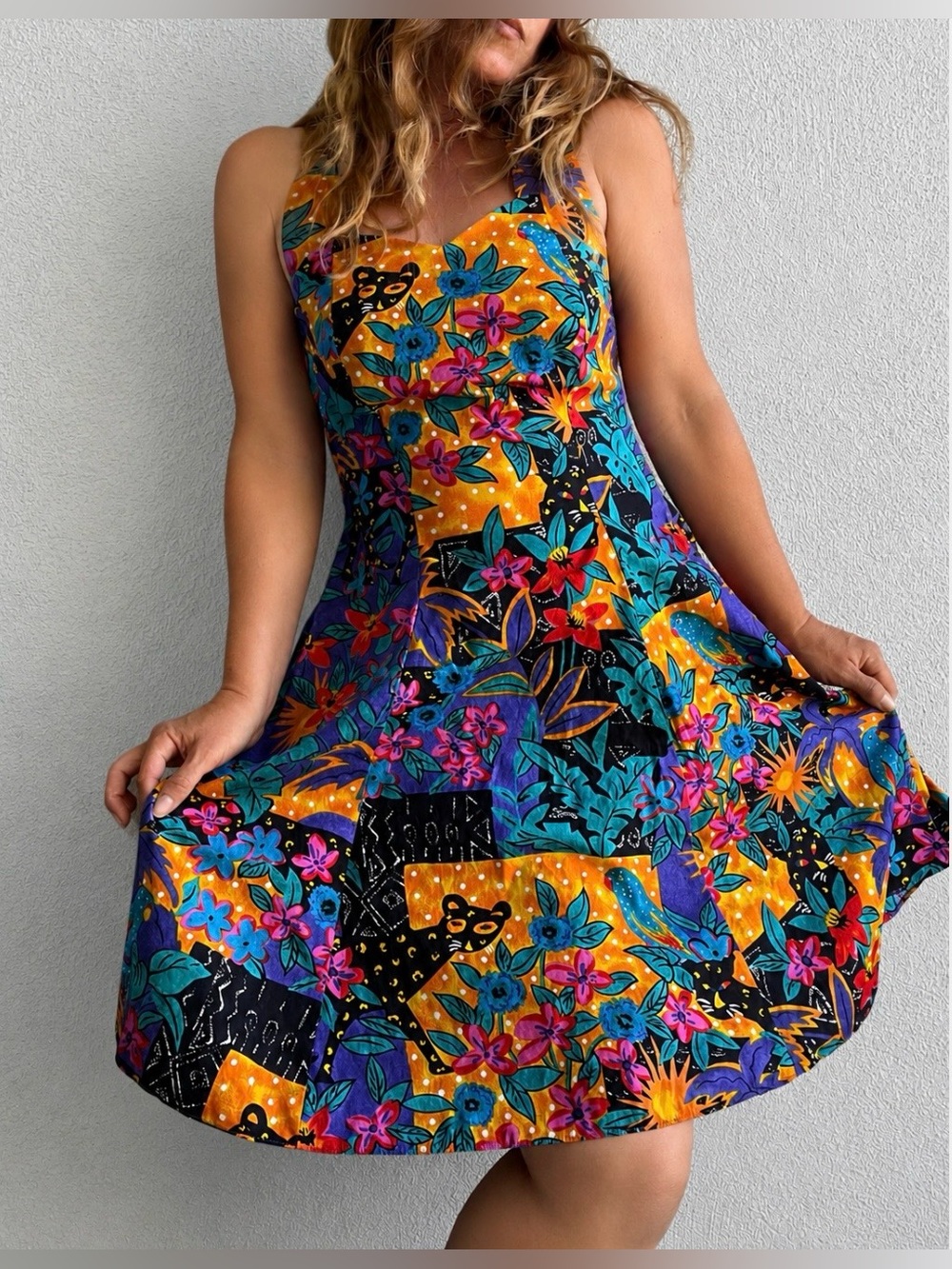 VTG Hilo Hattie Hawaiian Floral Cotton Halter Summer Dress Sz 14